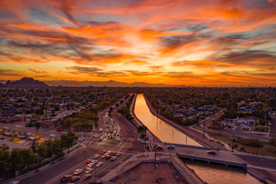 Sunset view over canal and downtown Scottsdale, Arizona